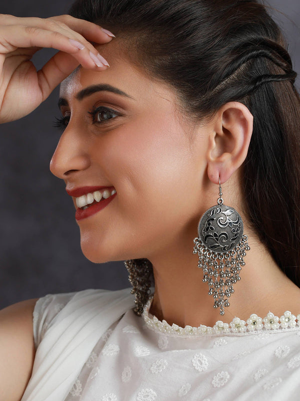 Women's Floral Oxidised Silver Chunky Drop Earrings - Priyaasi