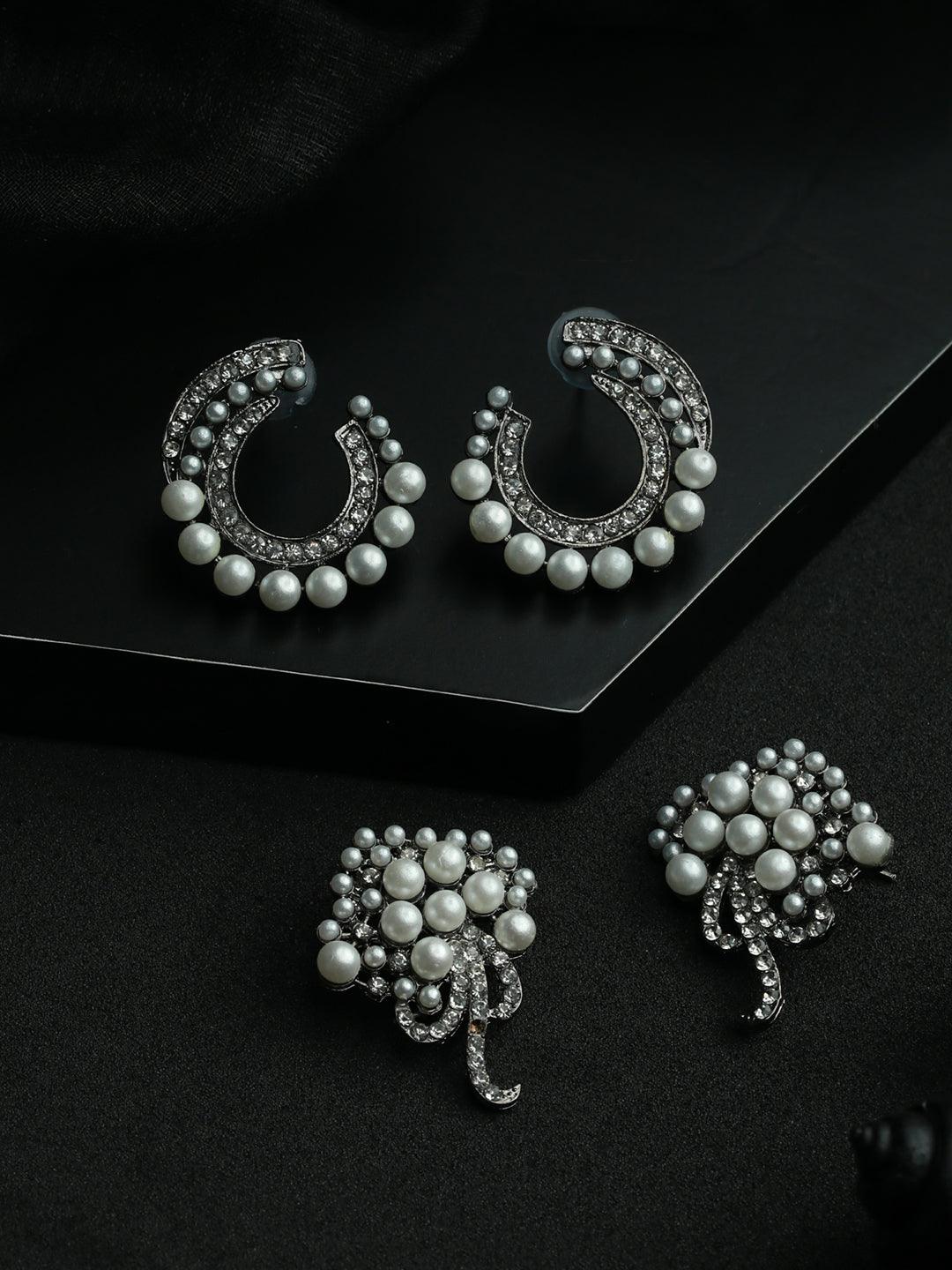 Women's Studded Black Oxidised Silver Earring Set - Priyaasi - Indiakreations