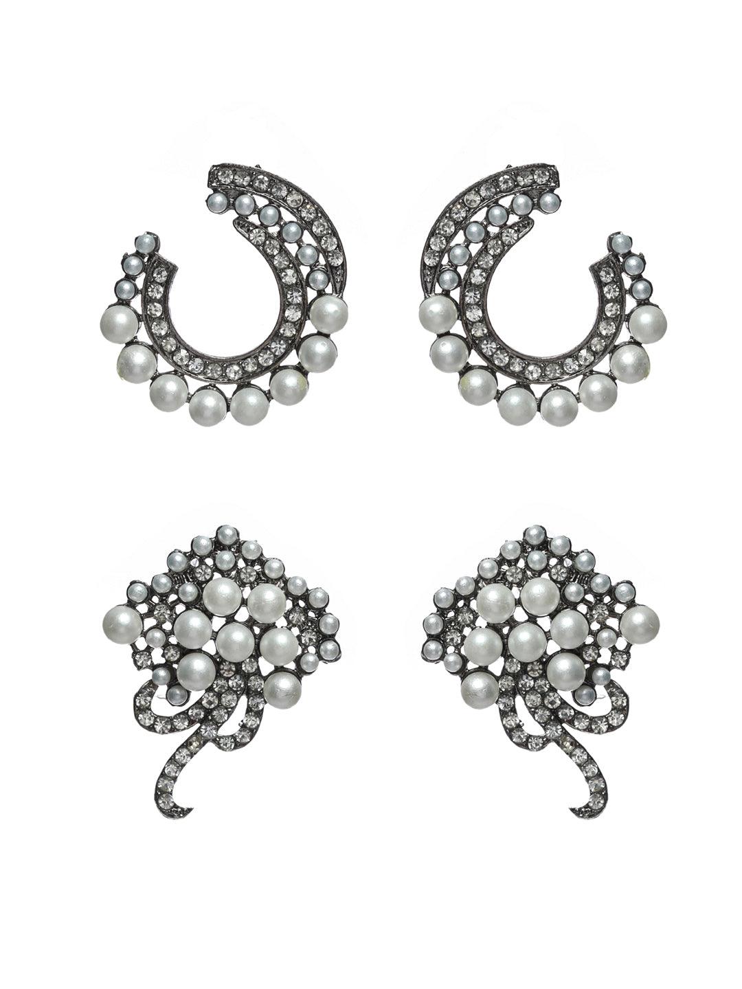 Women's Studded Black Oxidised Silver Earring Set - Priyaasi - Indiakreations