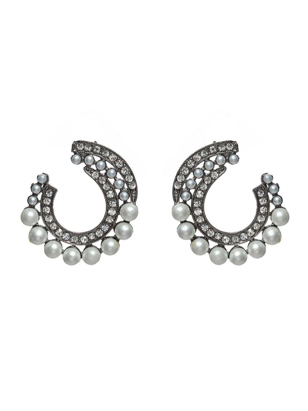 Women's Studded Black Oxidised Silver Earring Set - Priyaasi - Indiakreations