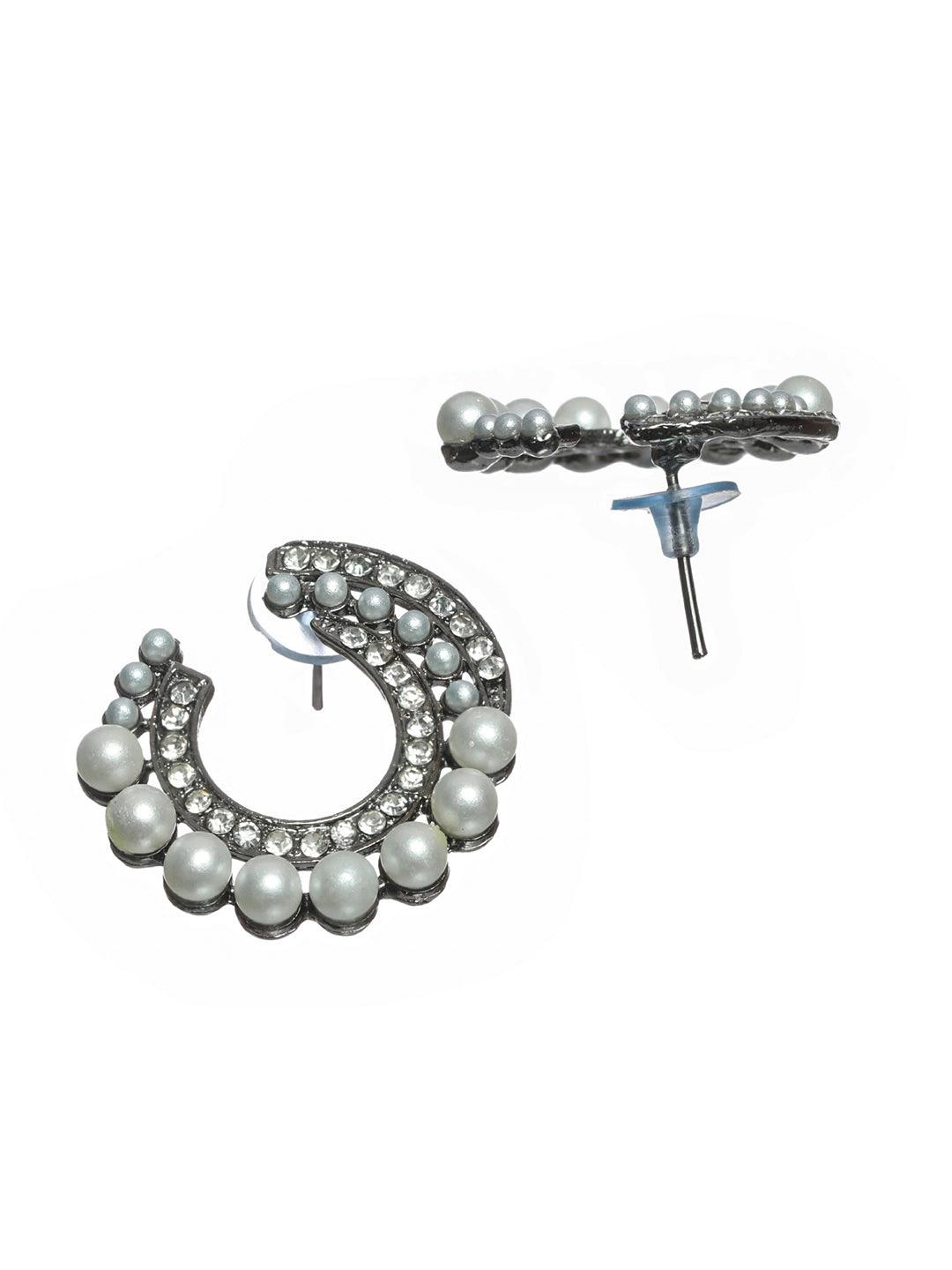 Women's Studded Black Oxidised Silver Earring Set - Priyaasi - Indiakreations