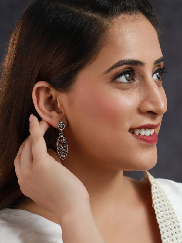 Women's Studded Embossed Oxidised Silver Earring Set - Priyaasi