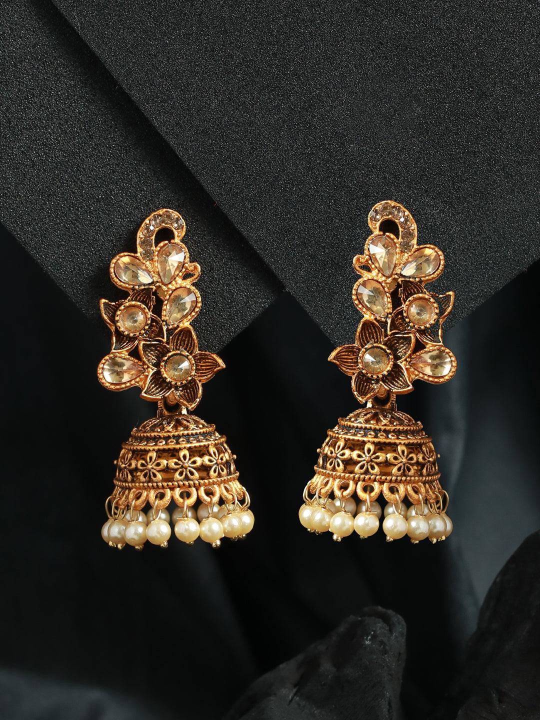 Women's Studded Floral Pearl Gold Plated Jhumka Earrings - Priyaasi - Indiakreations