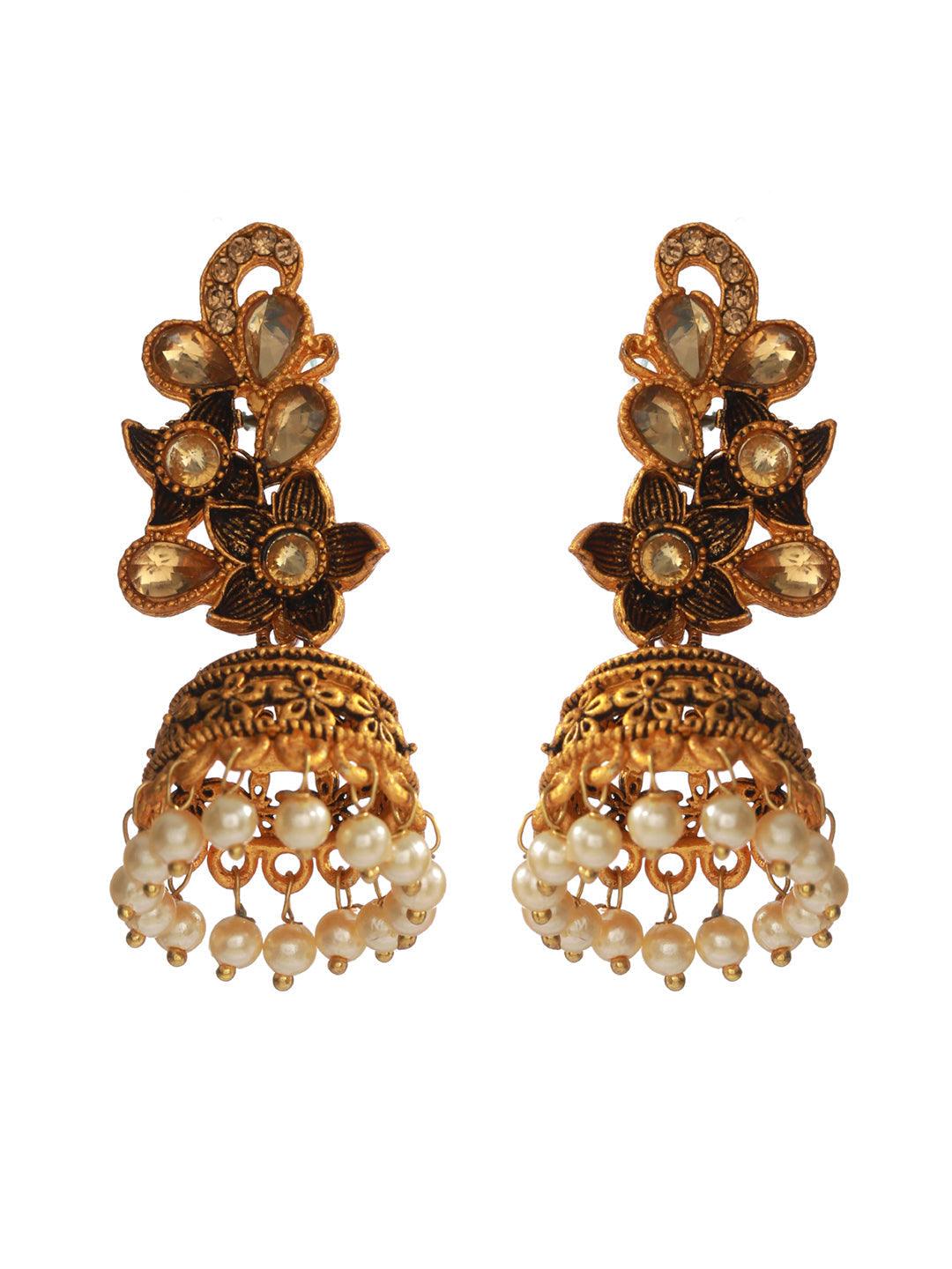 Women's Studded Floral Pearl Gold Plated Jhumka Earrings - Priyaasi - Indiakreations