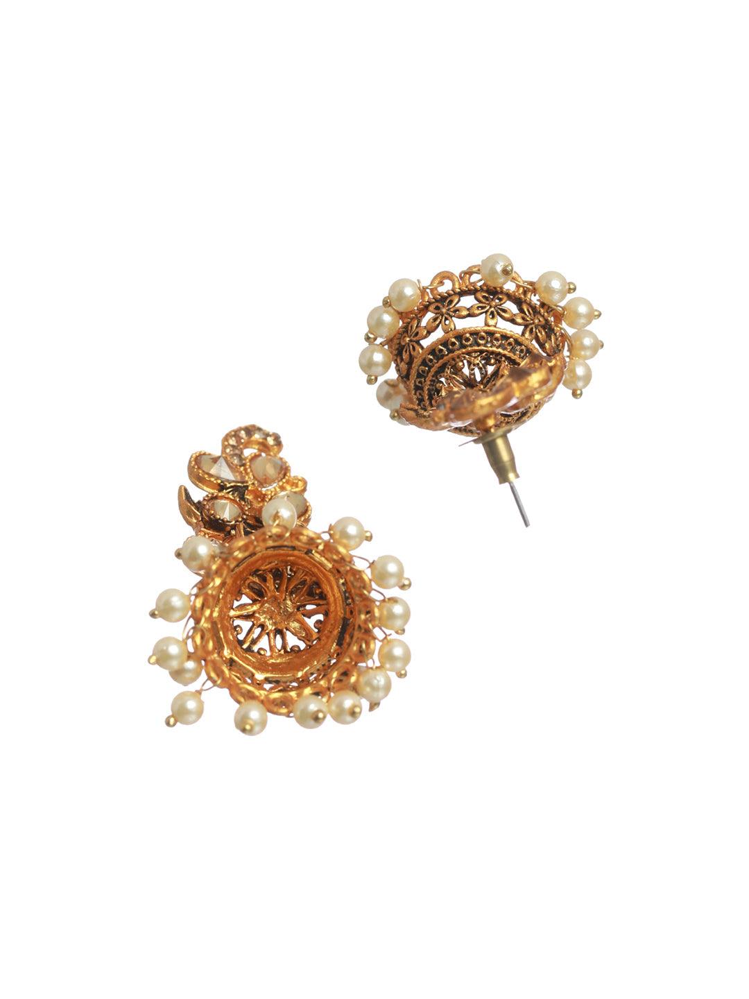 Women's Studded Floral Pearl Gold Plated Jhumka Earrings - Priyaasi - Indiakreations