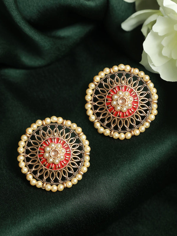 Women's Floral Red Pearl Gold Plated Earrings - Priyaasi