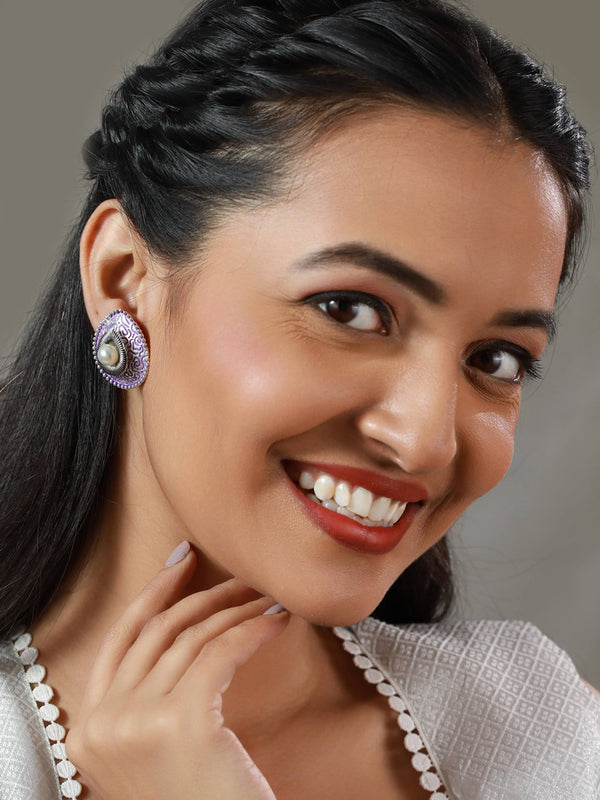 Women's Purple Drop Shaped Pearl Stud Silver Plated Earrings - Priyaasi