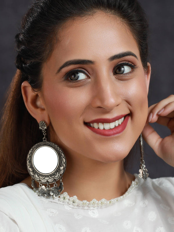 Women's Floral Studded Mirror Oxidised Silver Earring Set - Priyaasi