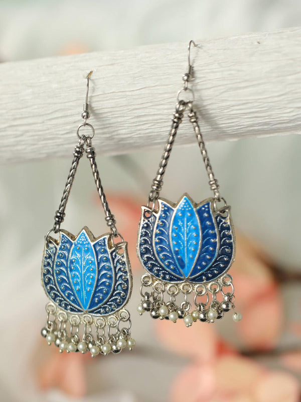 Women's Oxidised Silver Blue Lotus Pearl Drop Earrings - Priyaasi - Indiakreations