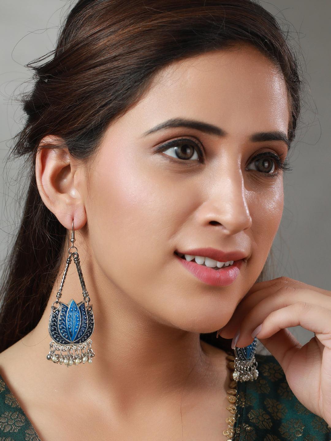 Women's Oxidised Silver Blue Lotus Pearl Drop Earrings - Priyaasi - Indiakreations