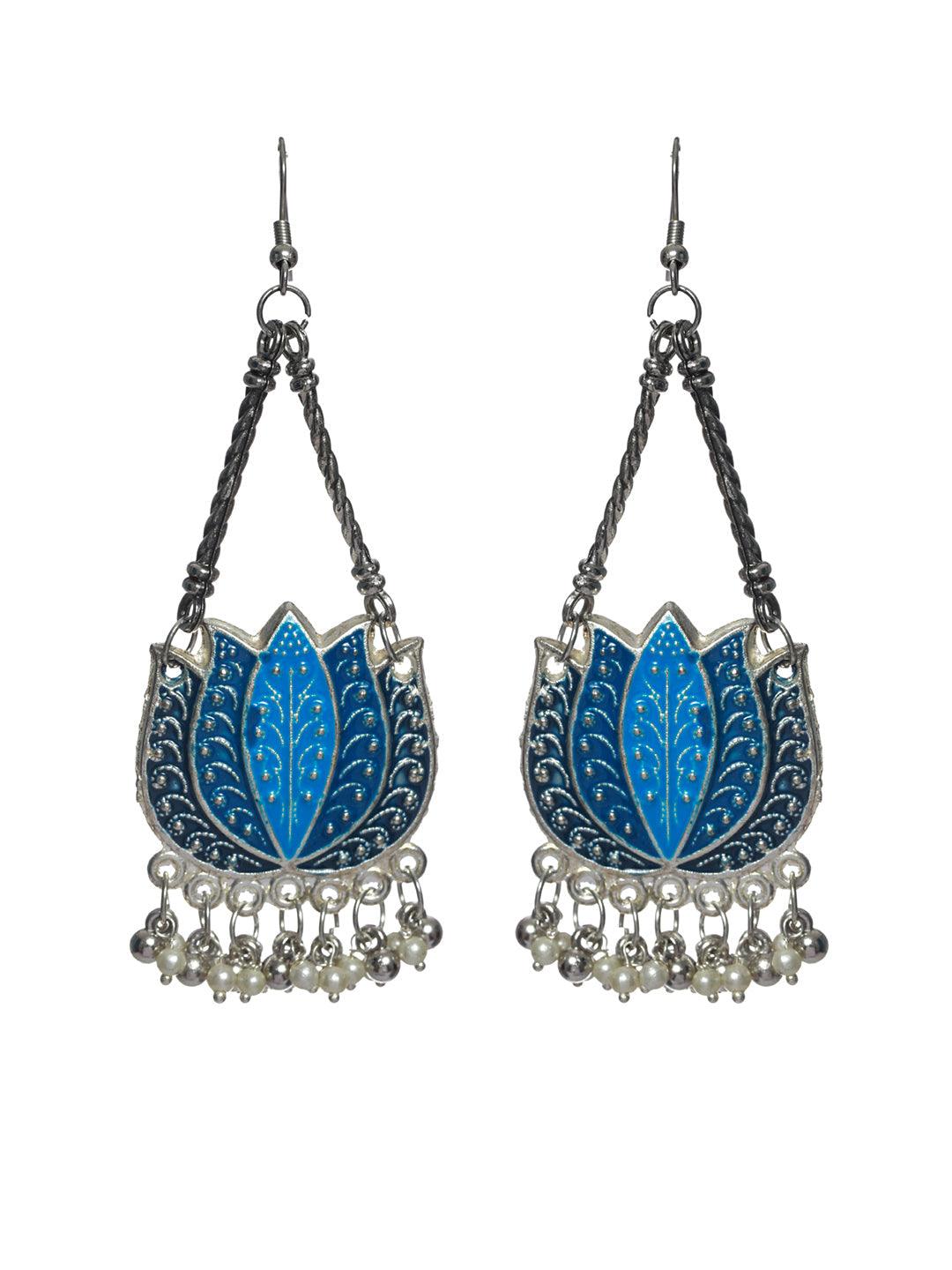 Women's Oxidised Silver Blue Lotus Pearl Drop Earrings - Priyaasi - Indiakreations