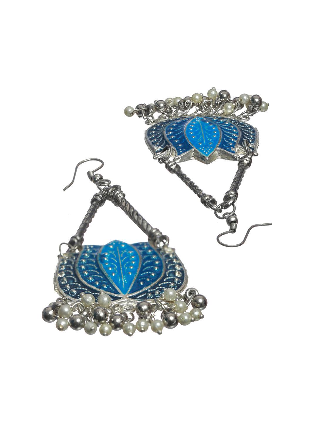 Women's Oxidised Silver Blue Lotus Pearl Drop Earrings - Priyaasi - Indiakreations