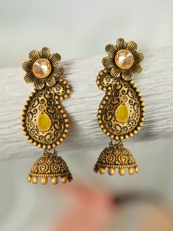 Women's Yellow Floral Gold Plated Jhumka Earrings - Priyaasi