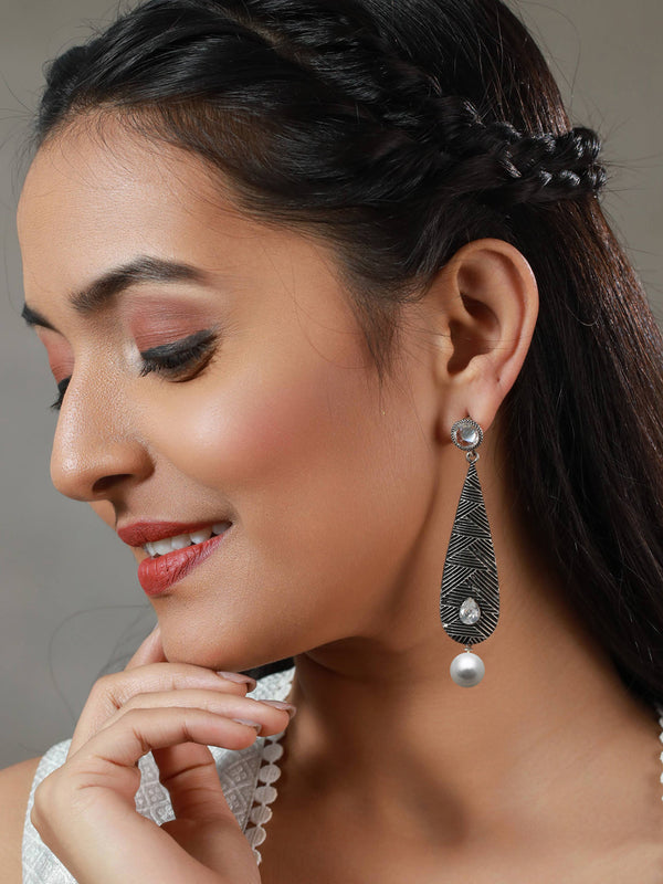 Women's Long Studded Leaf Oxidised Silver Earrings - Priyaasi