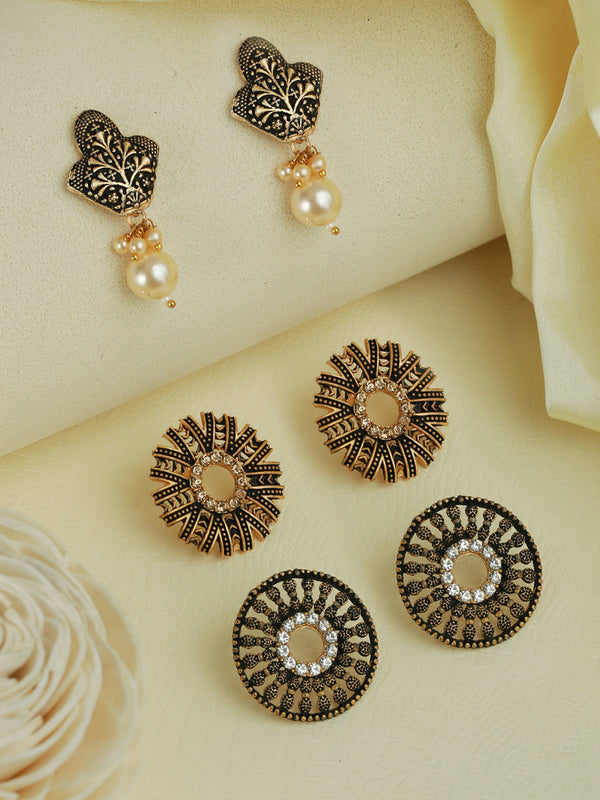 Women's Studded Floral Gold Plated Earring Set of 3 - Priyaasi