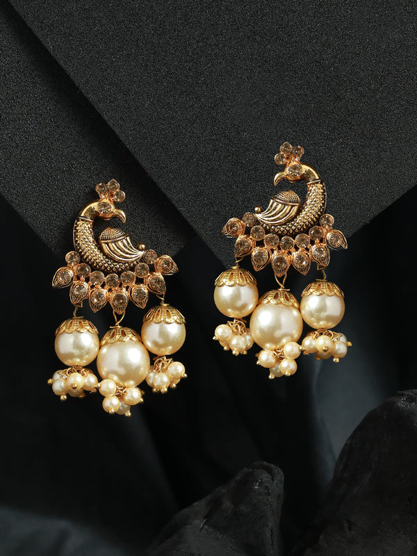 Women's Peacock Studded Gold Plated Pearl Drop Earrings - Priyaasi