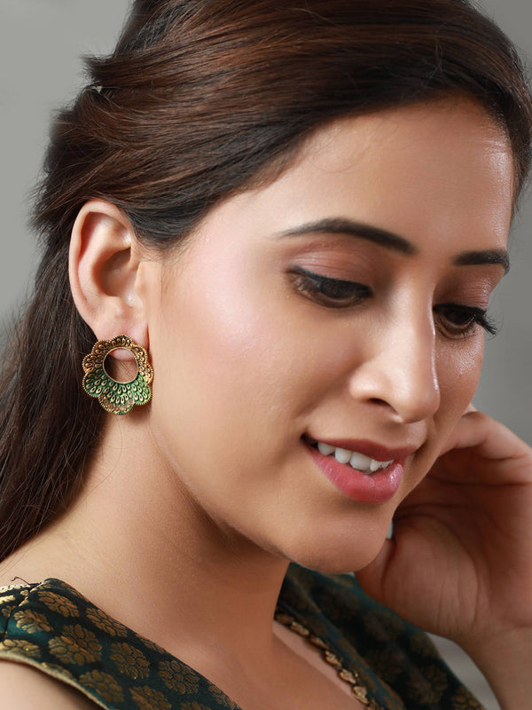 Women's Green Floral Studded Gold Plated Earrings - Priyaasi