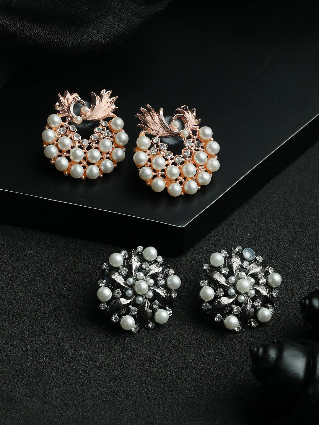 Women's Floral Pearl Silver Rose Gold Plated Earring Set - Priyaasi - Indiakreations