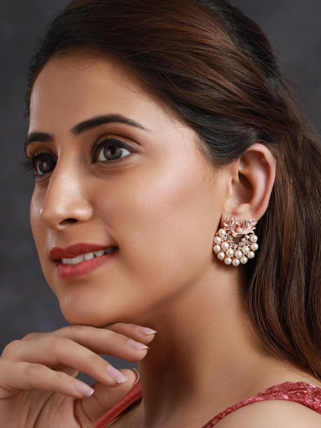 Women's Floral Pearl Silver Rose Gold Plated Earring Set - Priyaasi - Indiakreations