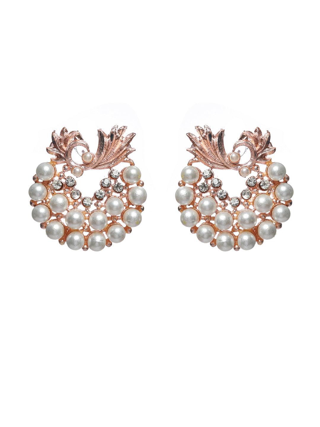 Women's Floral Pearl Silver Rose Gold Plated Earring Set - Priyaasi - Indiakreations