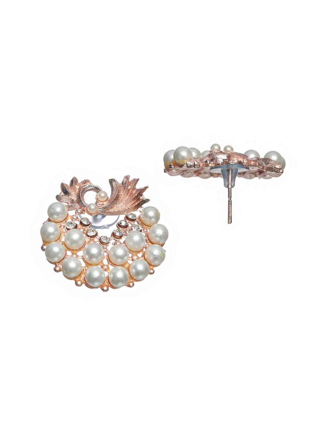 Women's Floral Pearl Silver Rose Gold Plated Earring Set - Priyaasi - Indiakreations