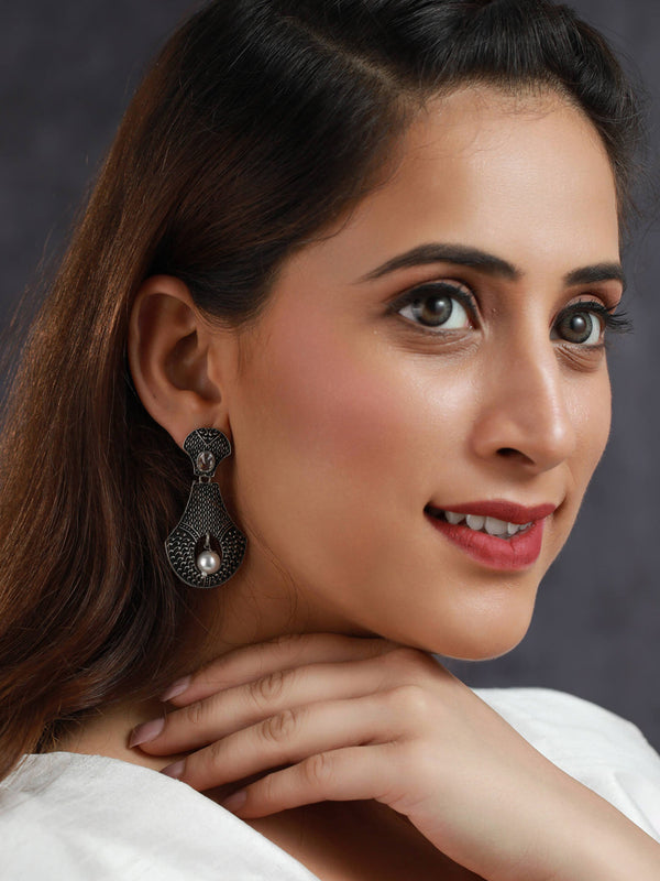 Women's Stylish Embossed Studded Oxidised Silver Earrings - Priyaasi