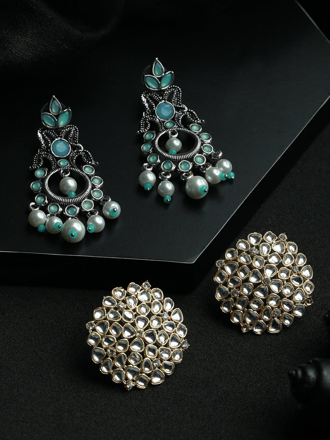 Women's Floral Blue Stone Gold Silver Plated Earring Set - Priyaasi - Indiakreations