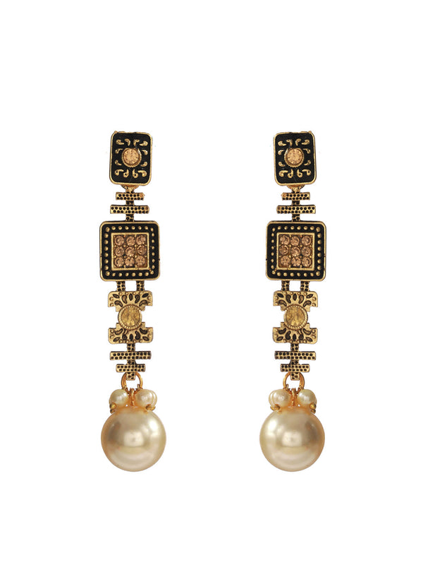 Women's Floral Block Gold Plated Pearl Drop Earrings - Priyaasi