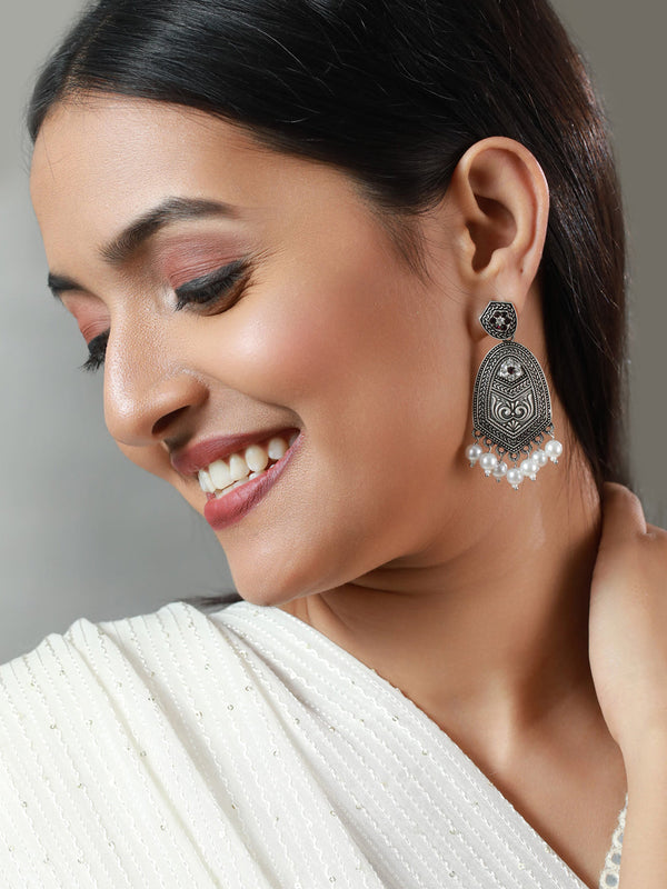 Women's Studded Floral Oxidised Silver Pearl Drop Earrings - Priyaasi