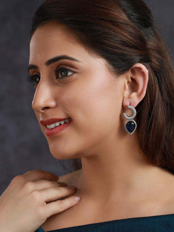 Women's Blue AD Studded Silver Plated Teardrop Earrings - Priyaasi