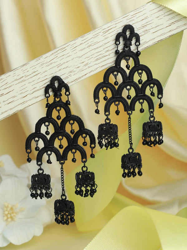 Women's Black Waterfall Drop Jhumka Earrings - Priyaasi - Indiakreations