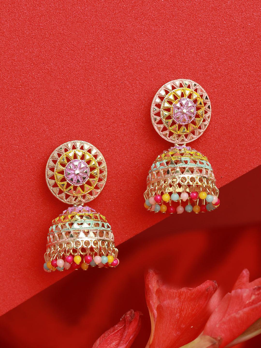 Women's Multicolor Gold Plated Jhumka Earrings - Priyaasi - Indiakreations