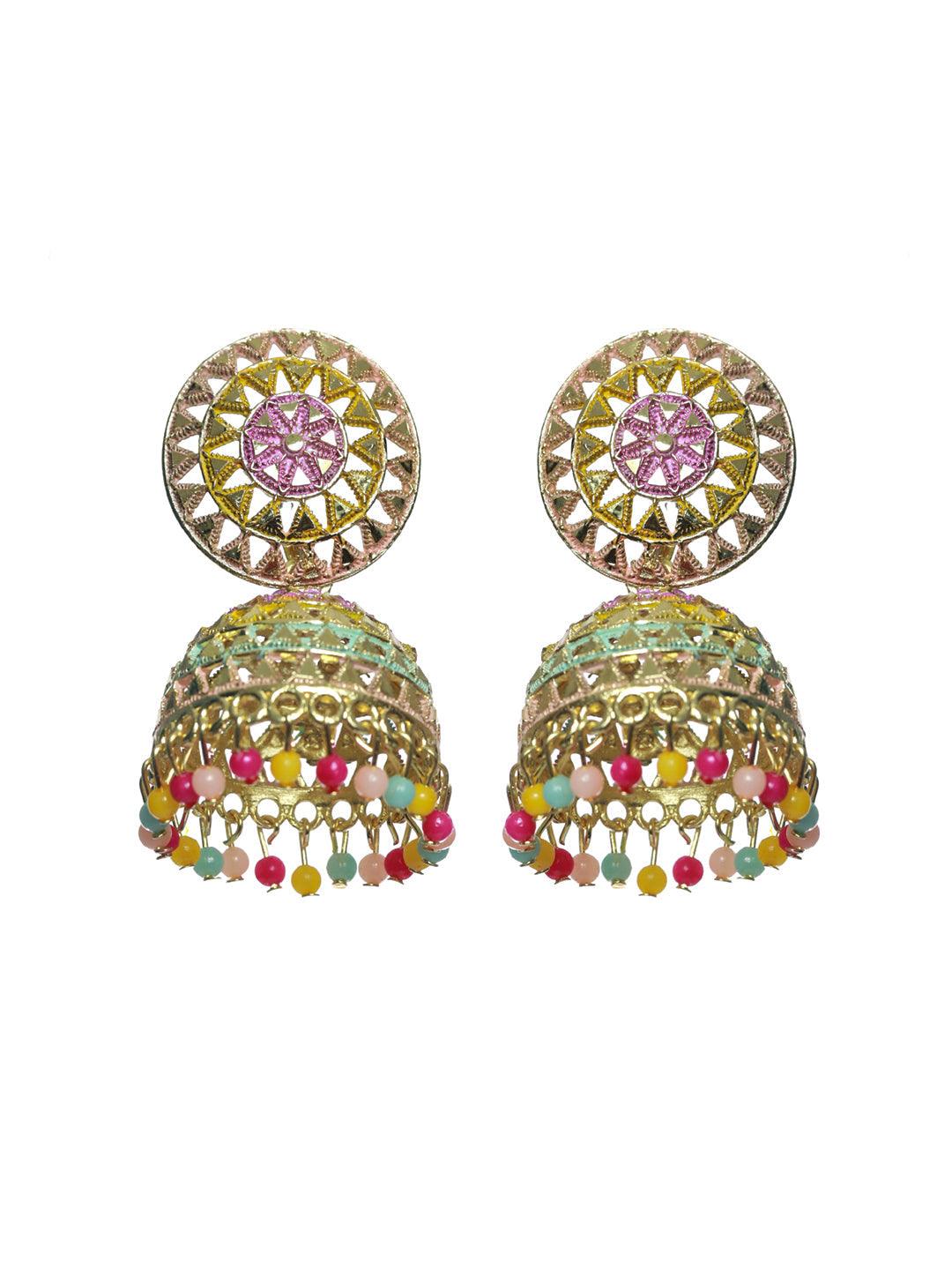 Women's Multicolor Gold Plated Jhumka Earrings - Priyaasi - Indiakreations