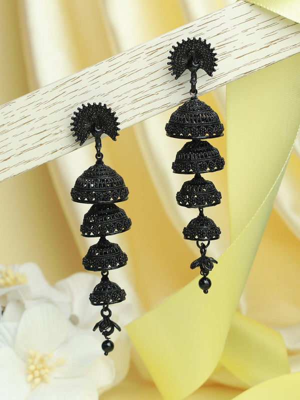 Women's Black Peacock Multilayer Drop Jhumka Earrings - Priyaasi - Indiakreations