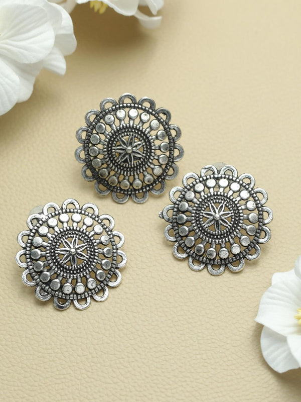 Women's Stylish Floral Motif Oxidised Silver Earring Set - Priyaasi - Indiakreations