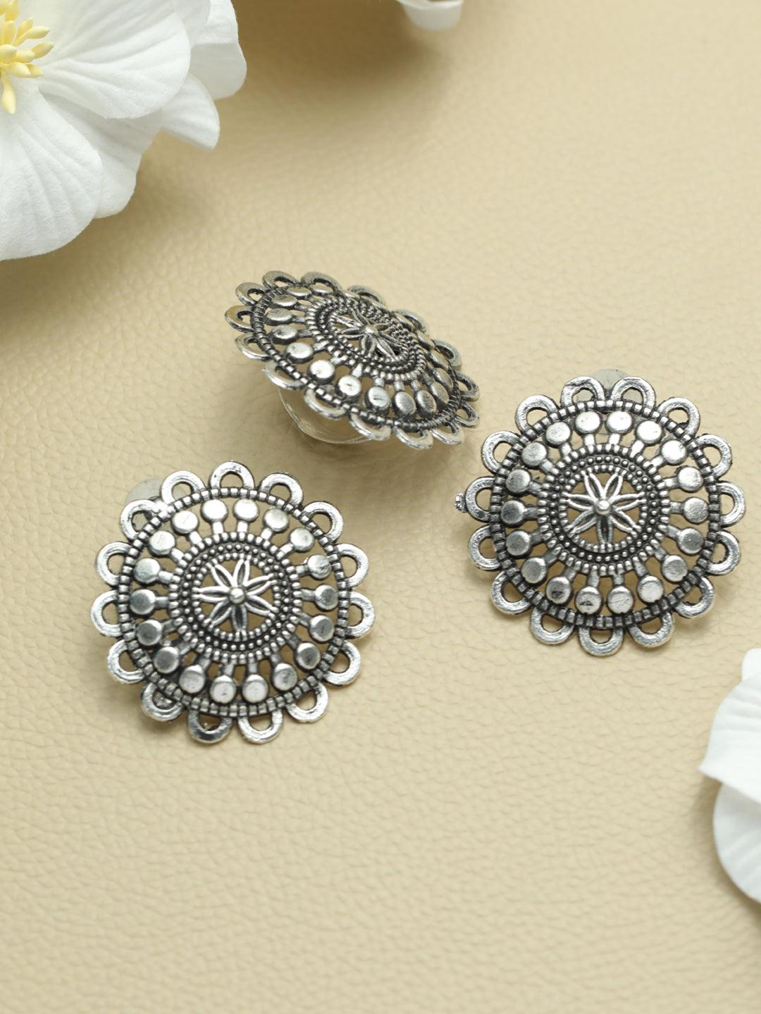 Women's Stylish Floral Motif Oxidised Silver Earring Set - Priyaasi - Indiakreations