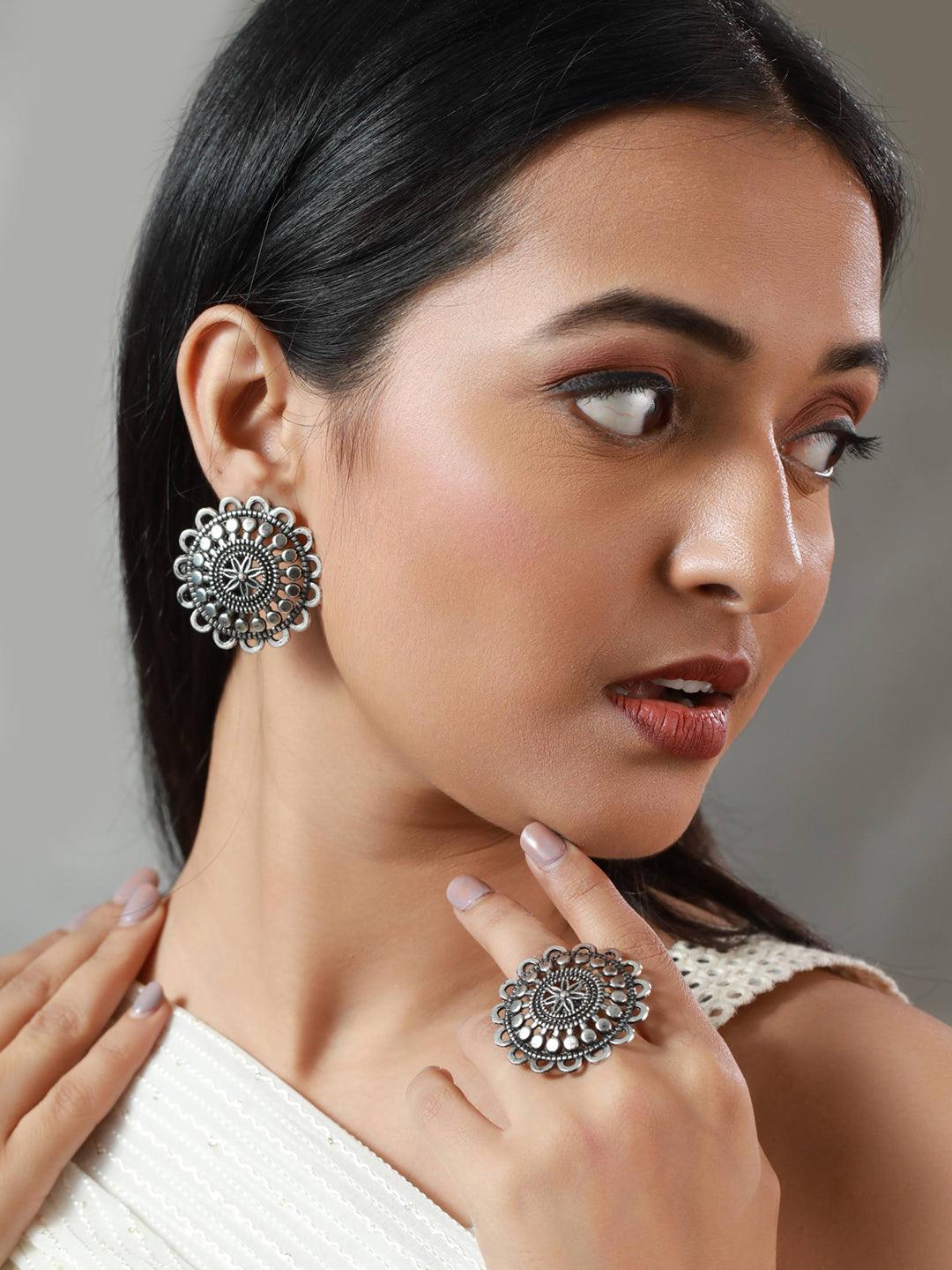 Women's Stylish Floral Motif Oxidised Silver Earring Set - Priyaasi - Indiakreations