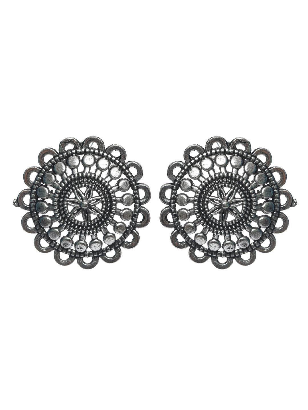 Women's Stylish Floral Motif Oxidised Silver Earring Set - Priyaasi - Indiakreations