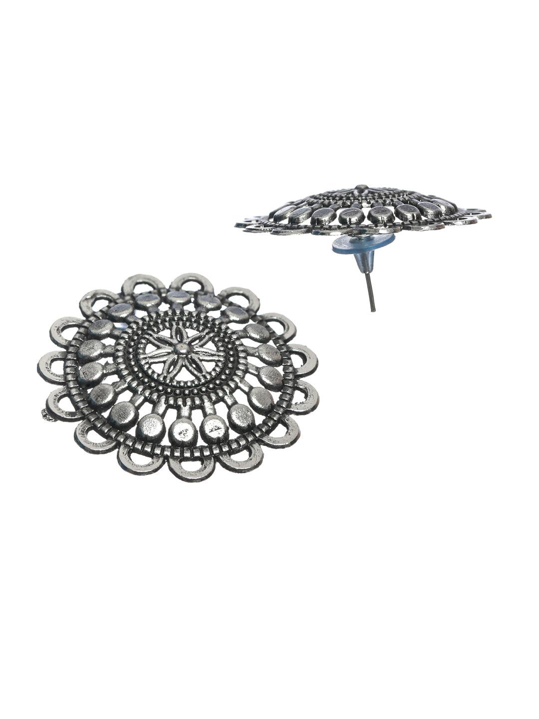 Women's Stylish Floral Motif Oxidised Silver Earring Set - Priyaasi - Indiakreations