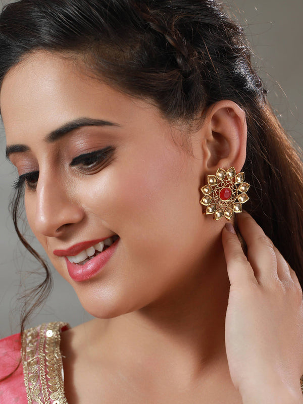 Women's Floral Pink Studded Gold Plated Earrings - Priyaasi