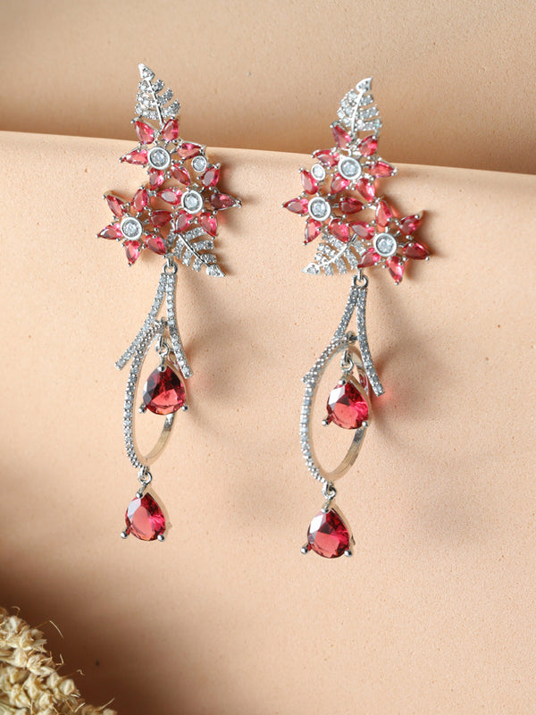 Women's Sparkling Pink American Diamond Drop Earrings - Priyaasi