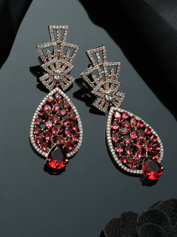 Women's Sparkling Pink American Diamond Floral Drop Earrings - Priyaasi