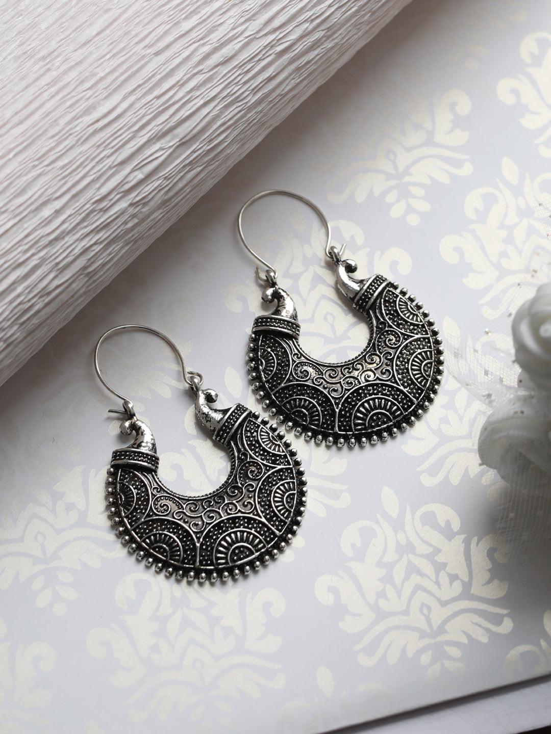 Women's Elegant Motif Oxidised Silver Drop Earrings - Priyaasi - Indiakreations