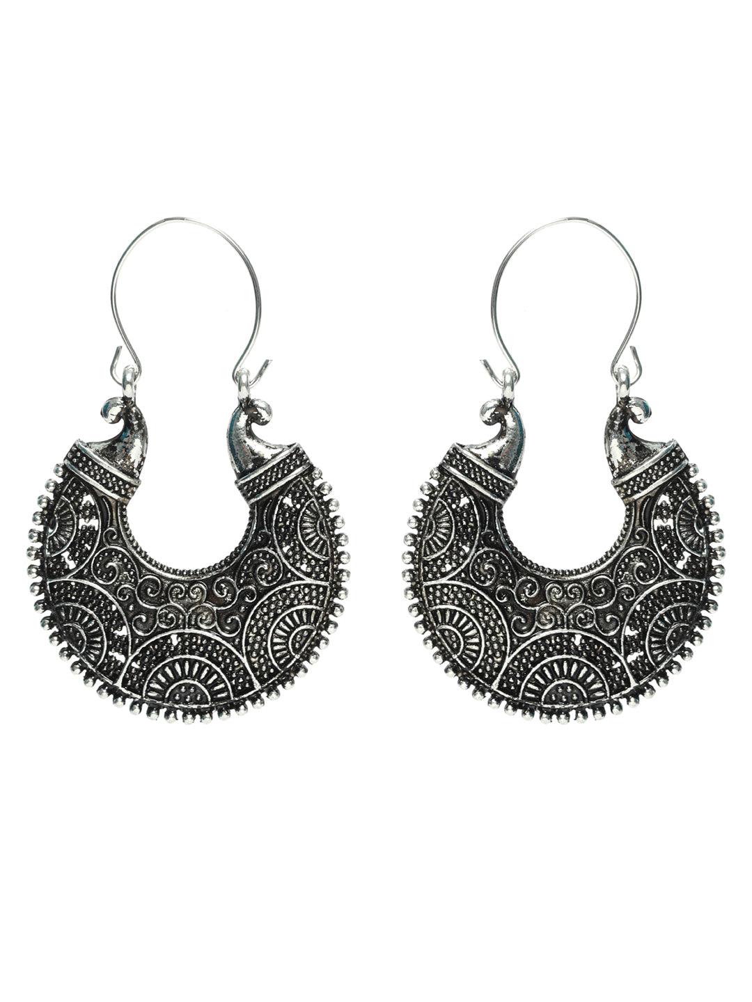 Women's Elegant Motif Oxidised Silver Drop Earrings - Priyaasi - Indiakreations