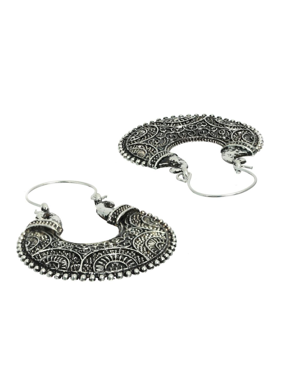 Women's Elegant Motif Oxidised Silver Drop Earrings - Priyaasi - Indiakreations