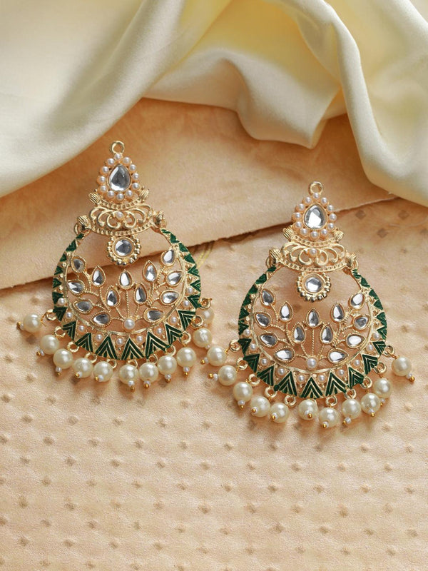 Women's Studded Green Leaf Gold Plated Chandbali Earrings - Priyaasi - Indiakreations