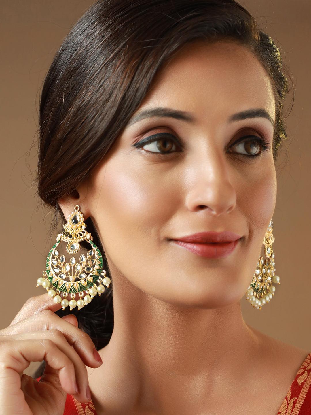 Women's Studded Green Leaf Gold Plated Chandbali Earrings - Priyaasi - Indiakreations