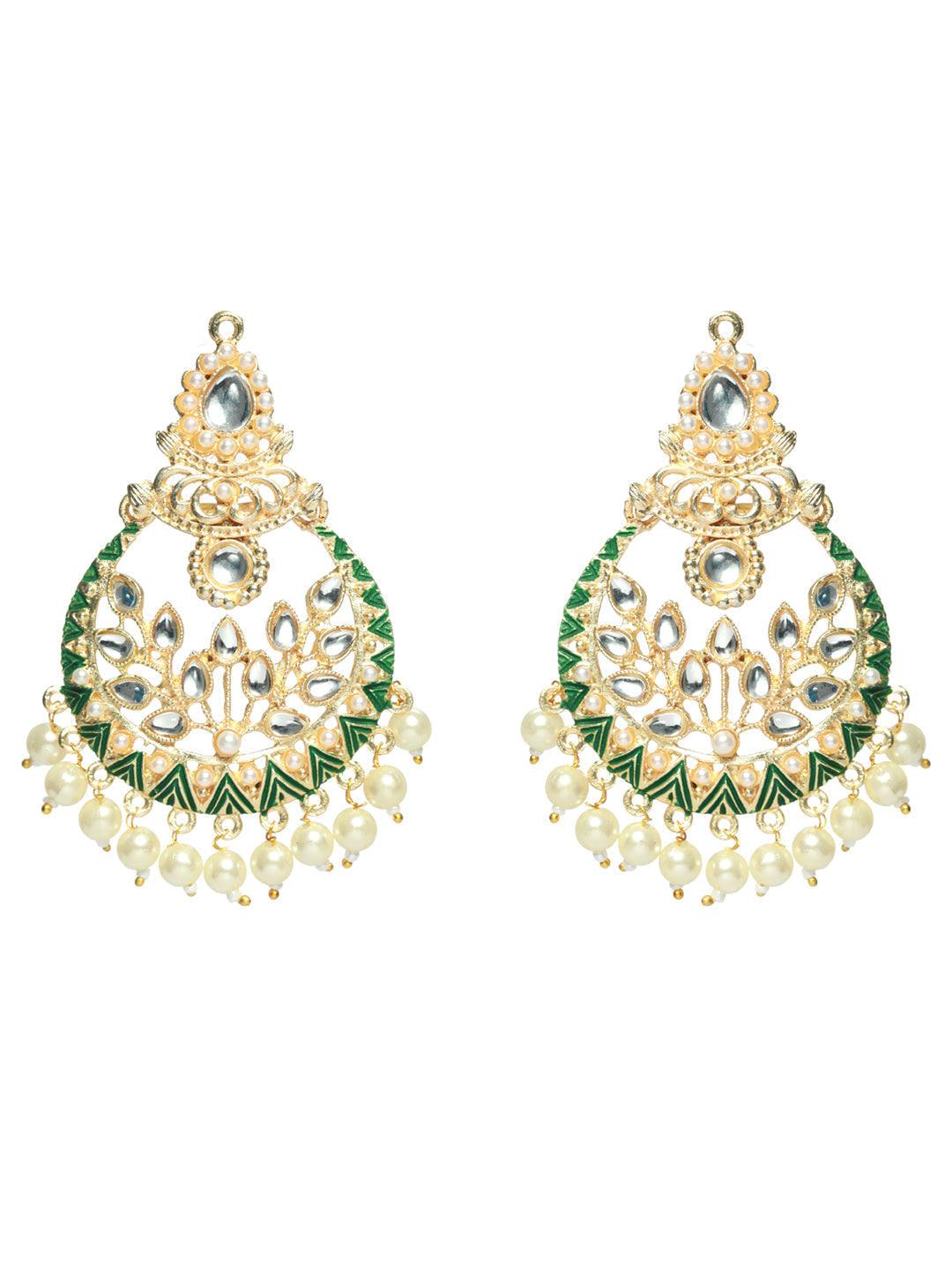 Women's Studded Green Leaf Gold Plated Chandbali Earrings - Priyaasi - Indiakreations