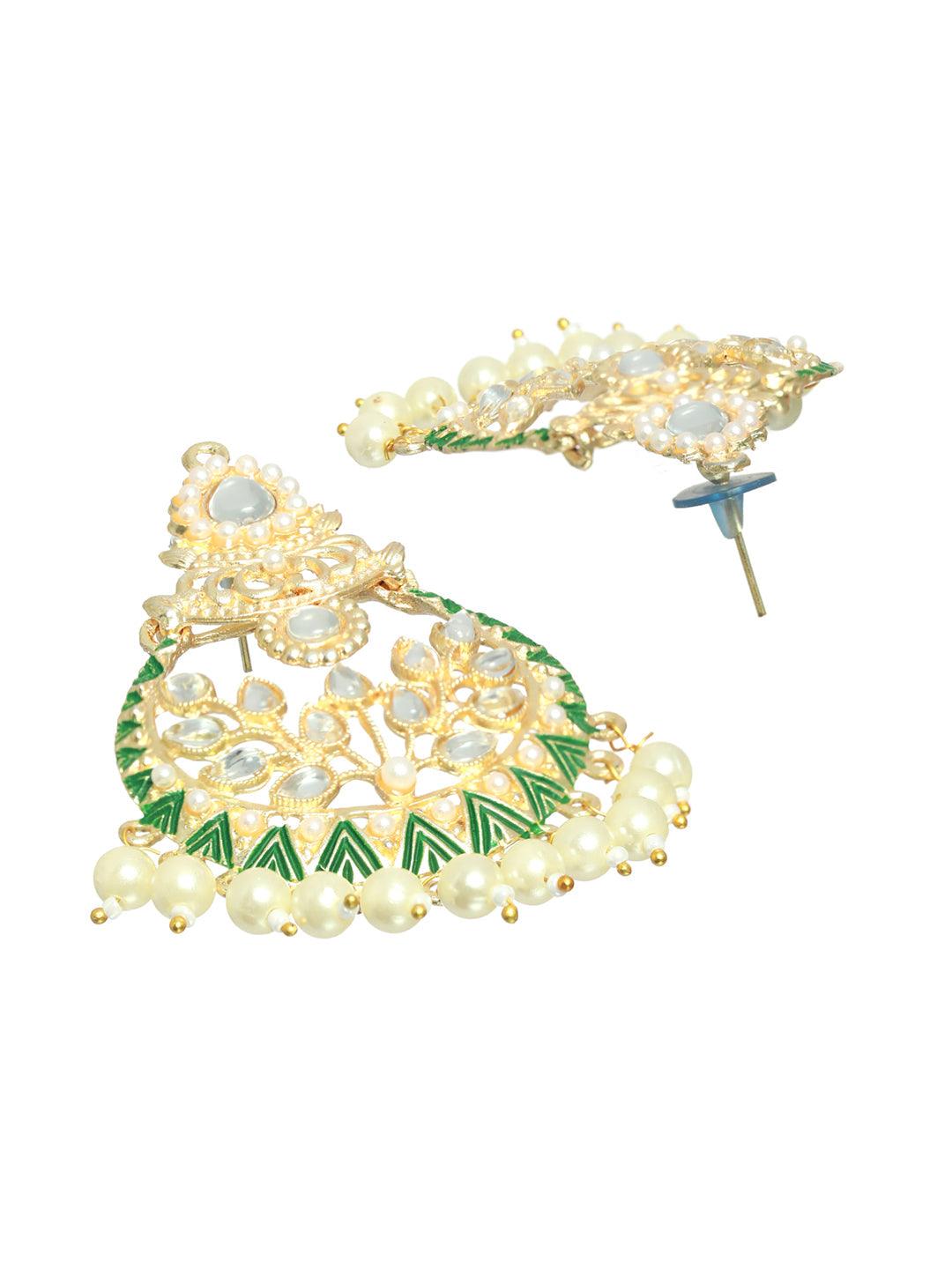 Women's Studded Green Leaf Gold Plated Chandbali Earrings - Priyaasi - Indiakreations