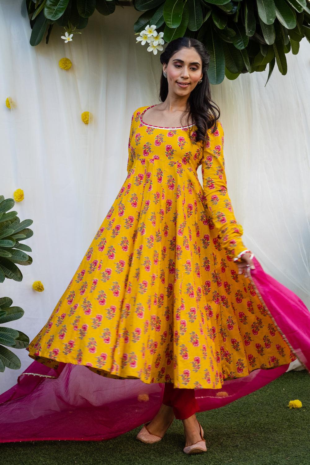 Mehfil Mustard Anarkali Set - Indiakreations